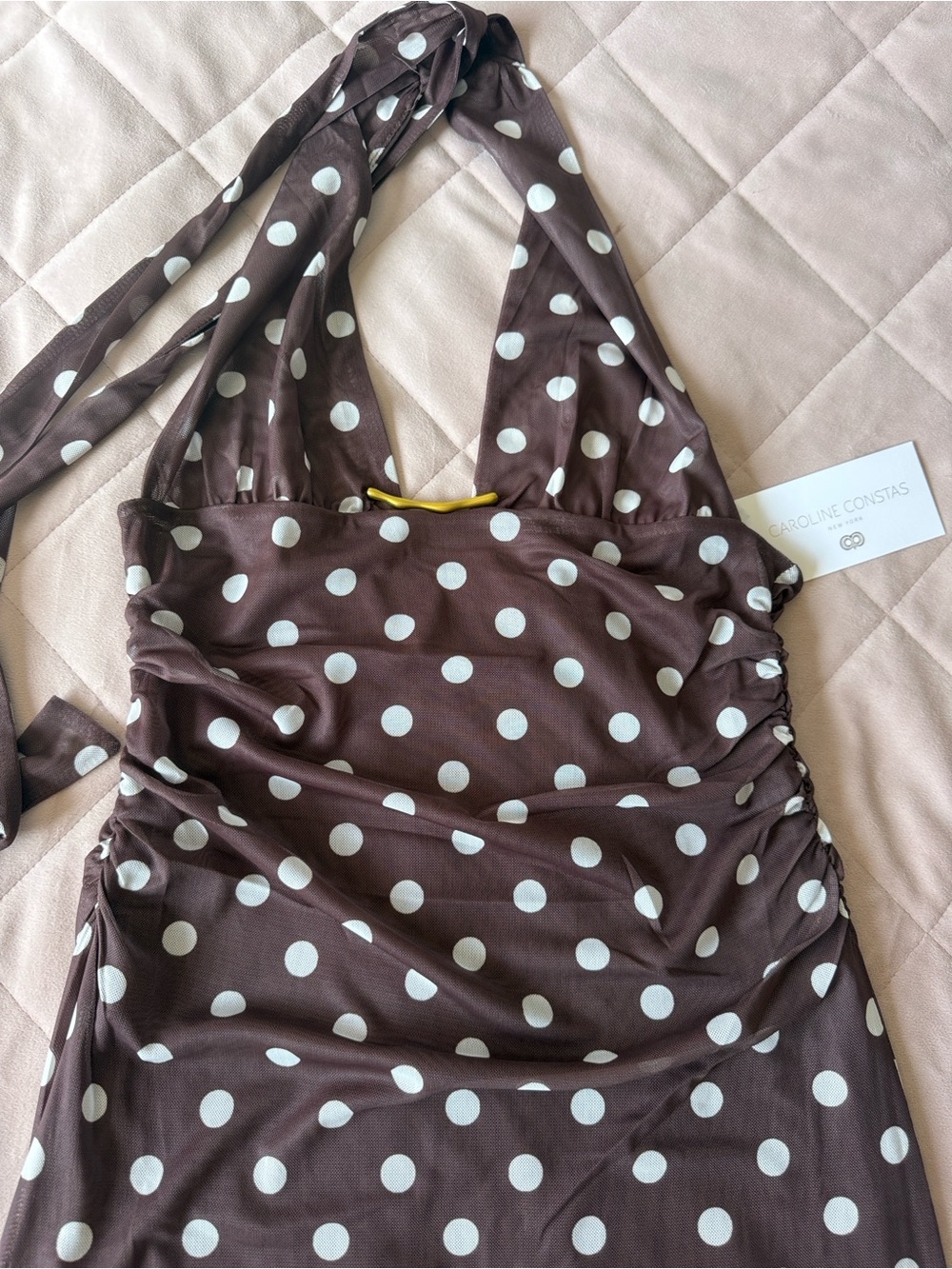 NWT Caroline Constas Polka Dot Halter Midi Dress Brown White Size S